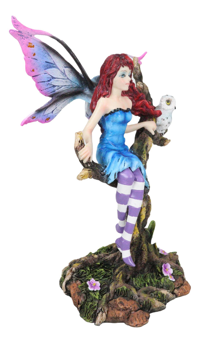 Blue Avatar Butterfly Fairy With Snow Owl Sitting On Magic Forest Tree Figurine