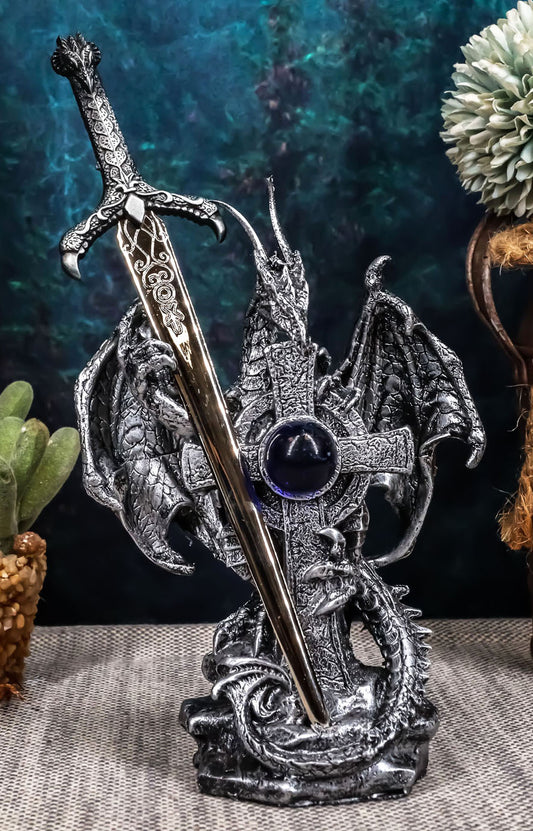 Ebros Gift Legendary Silver Dragon Guardian of The Celtic High Cross Letter Opener Figurine Sculpture Home and Office Decorative Sculpture Medieval Renaissance Dungeons and Dragons Fantasy - Ebros Gift