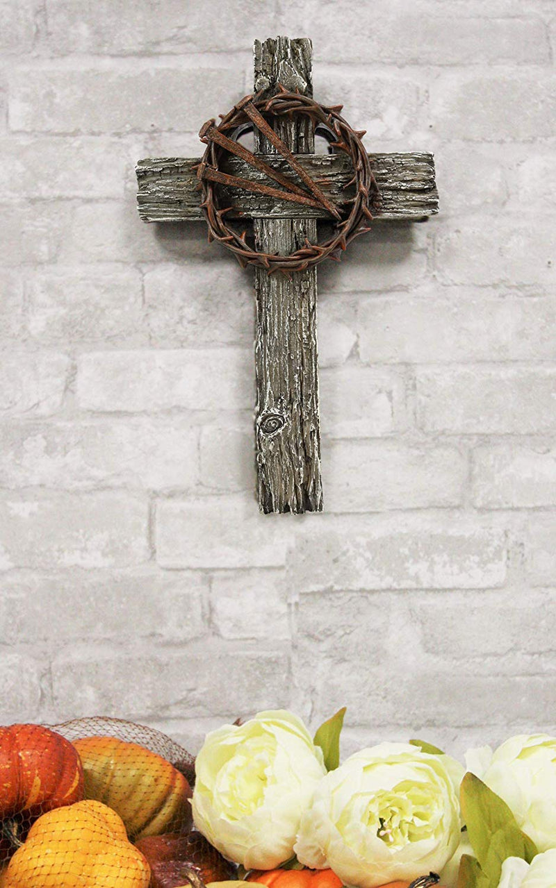 Rugged Crucifix With Faux Rusted Driven Nails And Crown Of Thorns Wall Cross 3D
