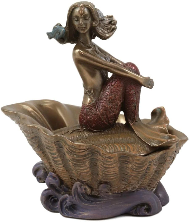 Ebros Bronzed Resin Mermaid On Giant Sea Clam Shell Small Decorative Trinket Box