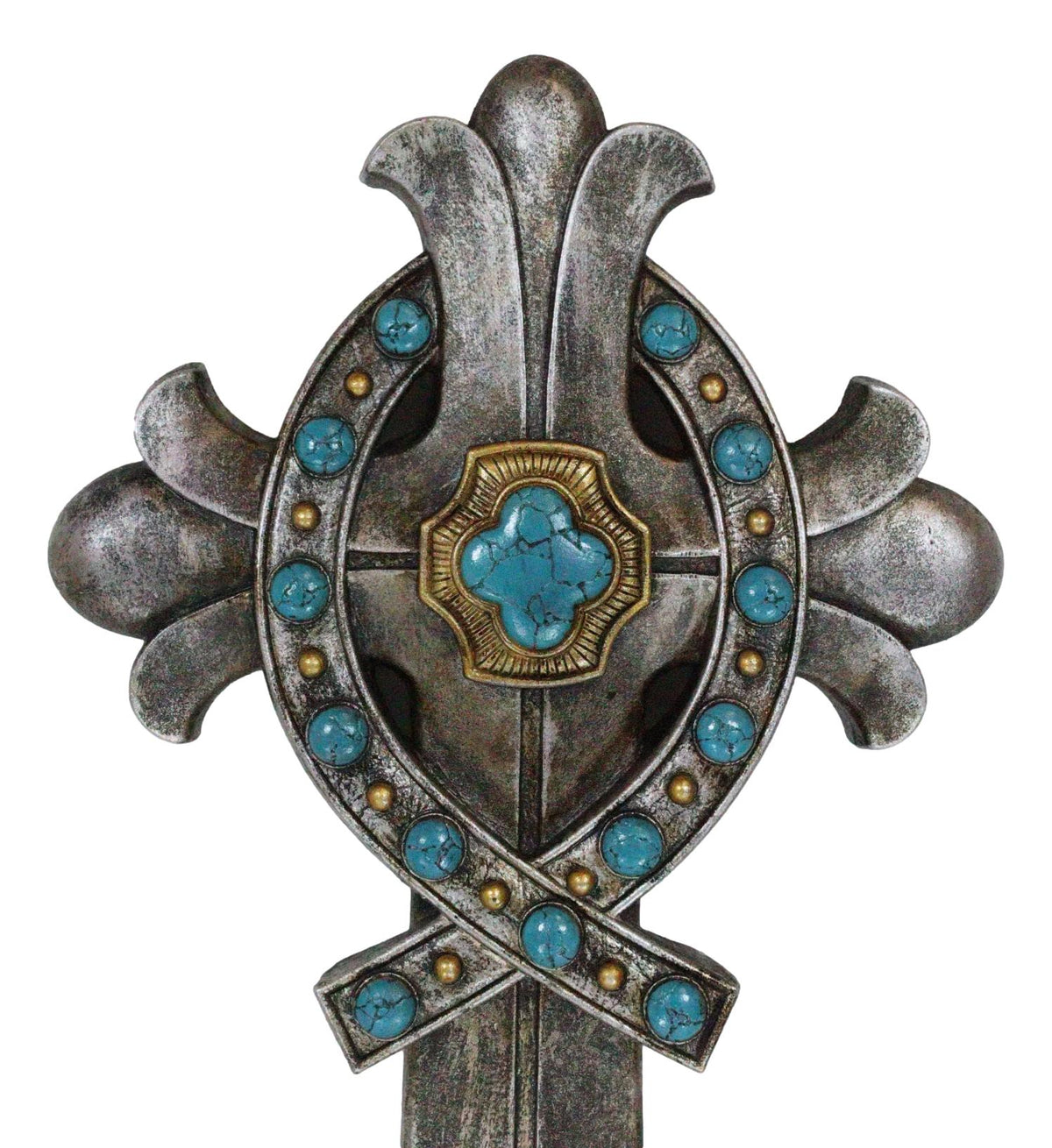 Rustic Silver Finish Fleur De Lis Greek Ichthys Christ Fish Turquoise Wall Cross