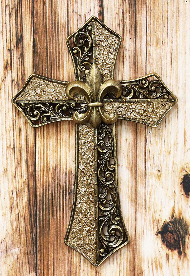 Ebros Southwest Fleur De Lis with Tuscan Scroll Art Wall Cross Plaque 14.25"H