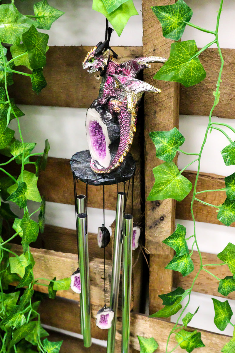 Medieval Purple Dragon Guarding Topaz Crystal Geode Rock Figurine Wind Chime