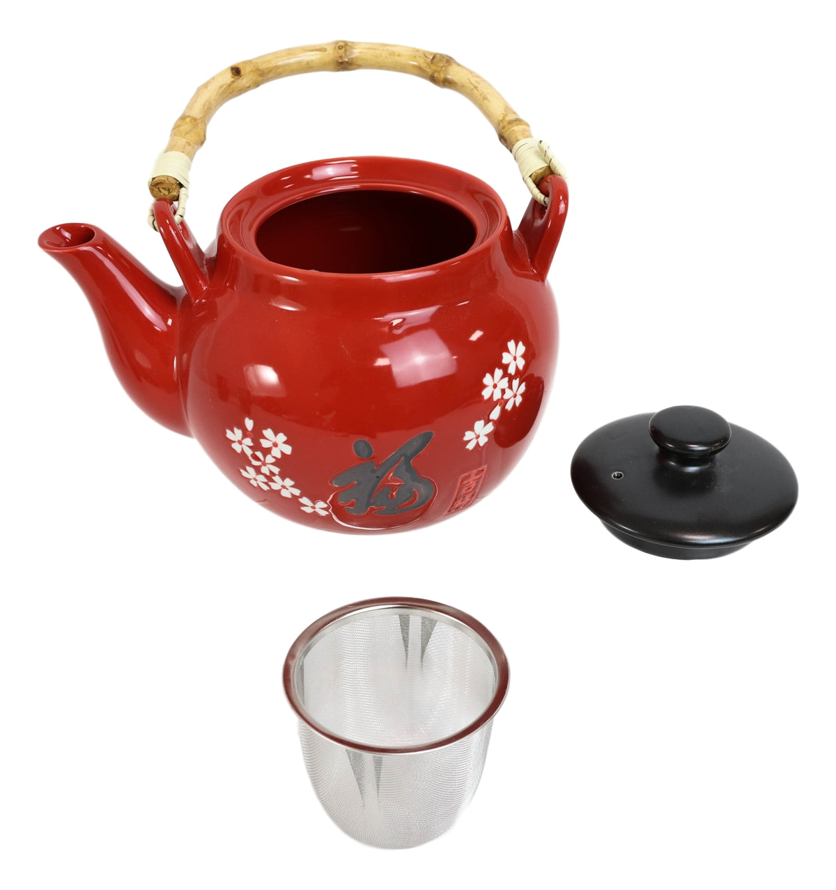 Sakura White Japanese Cherry Blossoms Porcelain Red Tea Pot 42oz And 4 Cups Set - Ebros Gift