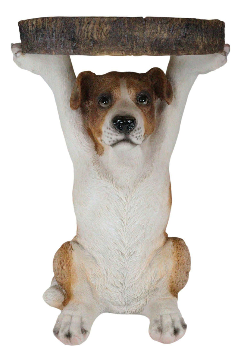 Adorable Mutt Dog Puppy Pooch Holding Faux Wood Slice Table Stand Figurine