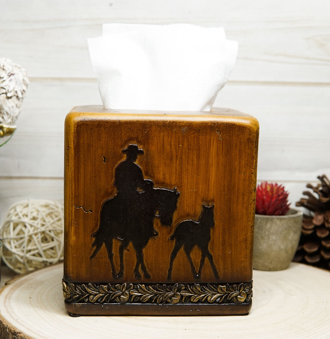 Rustic Western Cowboy With Horse And Foal Faux Wood Tissue Box Cover Home Decor