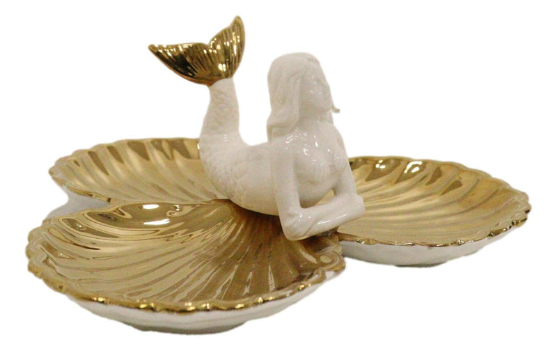 Ebros Mermaid with Three Golden Clam Shells Jewelry Dish Holder Figurine 9" L Art Nouveau Decor