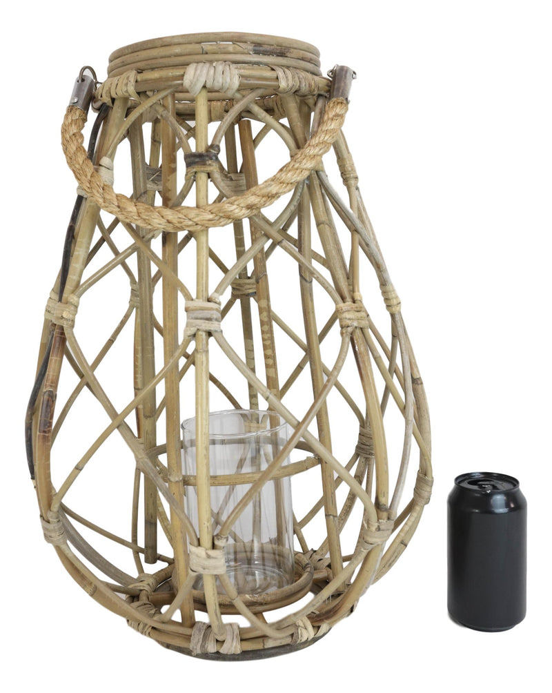 19"H Rustic Farmhouse Teardrop Woven Rattan Candle Lantern With Jute Rope Handle