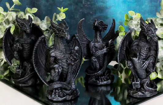 Ebros Faux Stone Fantasy Sentinel Guardian Dragons Statue Set Of 4 Dragon Miniature - Ebros Gift