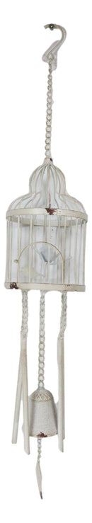 Whimsical Rustic White Bird Perching On Twig In Cage Aluminum Metal Wind Chime