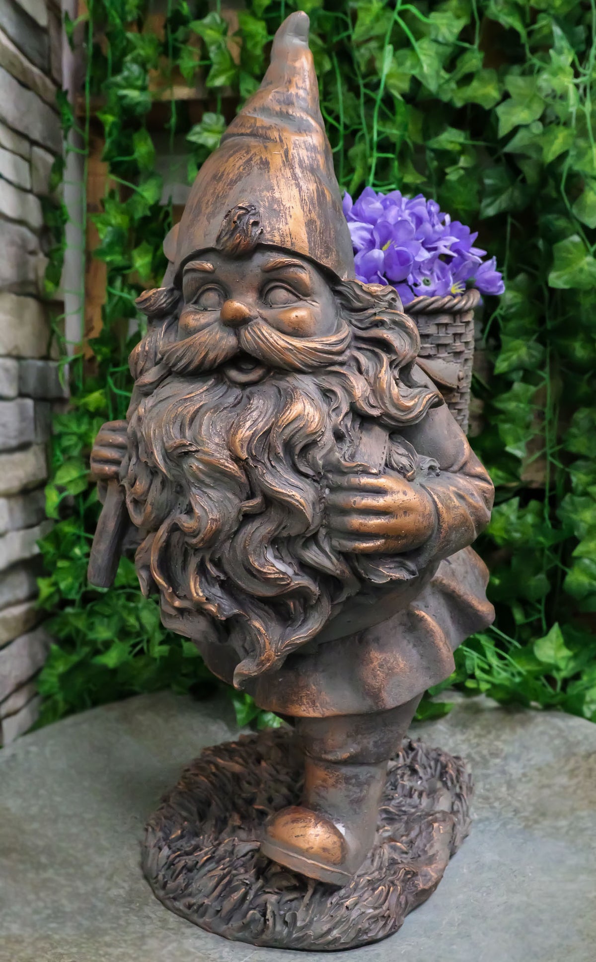 Hiking Garden Gnome With Spade And Wicker Basket Bag Floral Planter Vase Statue - Ebros Gift