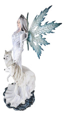 Large 23" Tall Blizzard Frost Flake Fairy With Two Snow Wolves Statue Figurine