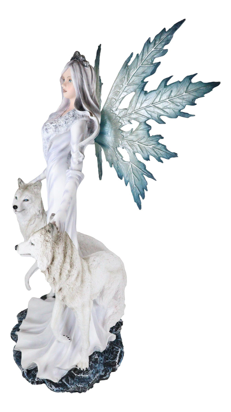 Large 23" Tall Blizzard Frost Flake Fairy With Two Snow Wolves Statue Figurine