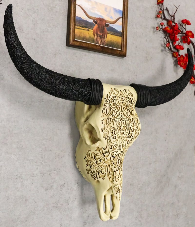 Large Tribal Floral Vines Tooled Filigree Steer Cow Skull Wall Decor Plaque