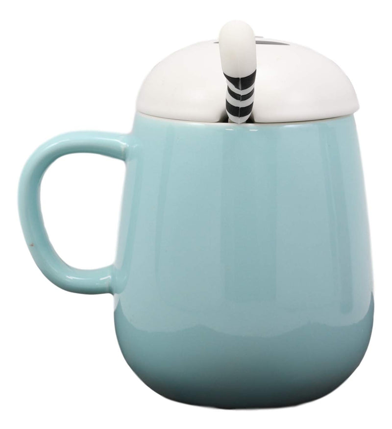 Ebros Lovely Cat Paw Prints With Tuxedo Cat Lid Blue Ceramic Coffee Tea Mug Drink Cup With Striped Cat Tail Spoon 15oz Animal Pets Cats Kittens