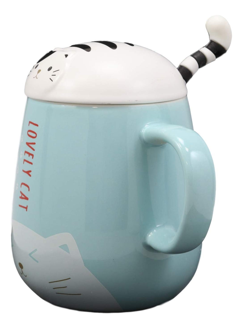 Ebros Lovely Cat Paw Prints With Tuxedo Cat Lid Blue Ceramic Coffee Tea Mug Drink Cup With Striped Cat Tail Spoon 15oz Animal Pets Cats Kittens