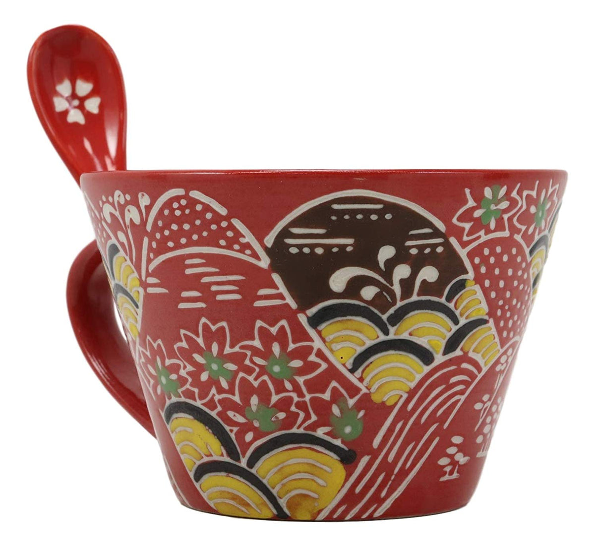 Ebros Porcelain Coffee Tea Latte Cafe Mug Drink Cup With Spoon 2pc Set 12oz Home Kitchen Decorative Ceramics (SINGLE, Red Mountain Landscape) - Ebros Gift