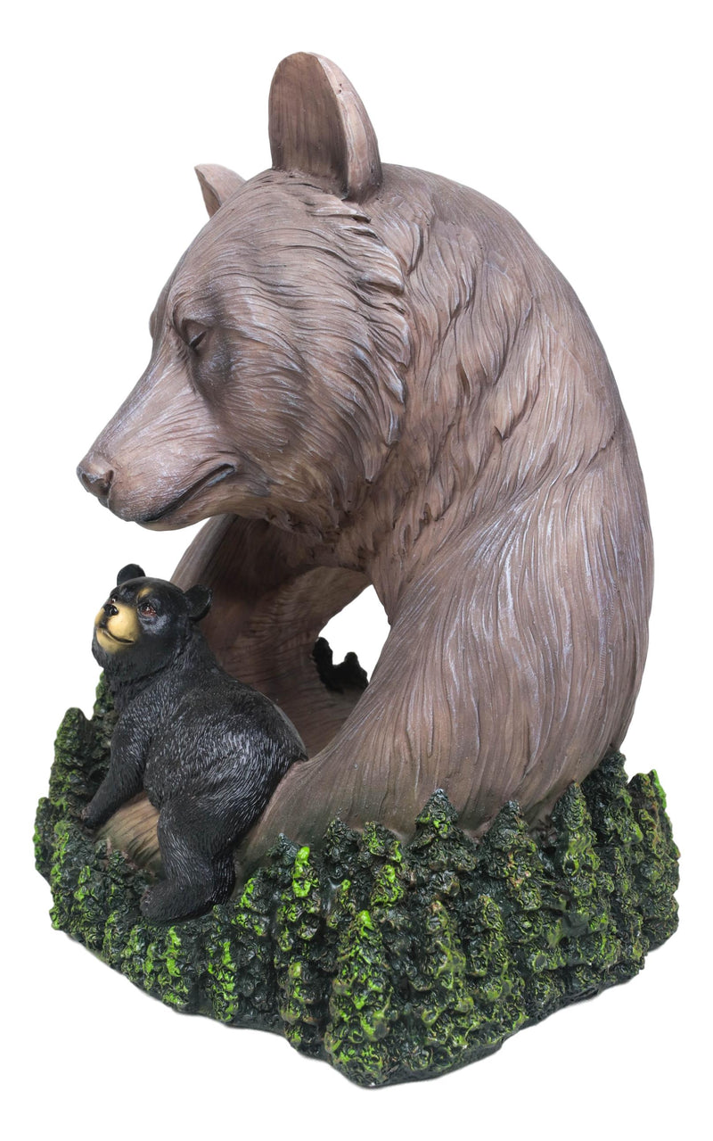 Rustic Forest Black Mama Bear Embracing Cub By Pine Trees Faux Wood Figurine