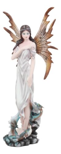 Celestial Goddess White Fairy With Blue Baby Dragon Hatchlings Statue 12.25"H