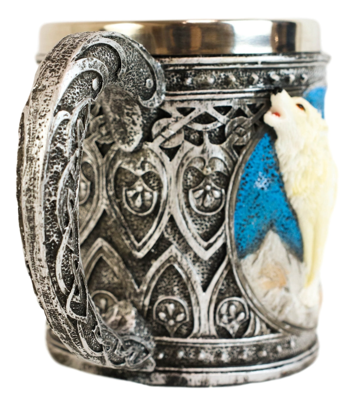 Starry Night Mountains Celtic Howling White Wolf Coffee Mug And Wine Goblet Set