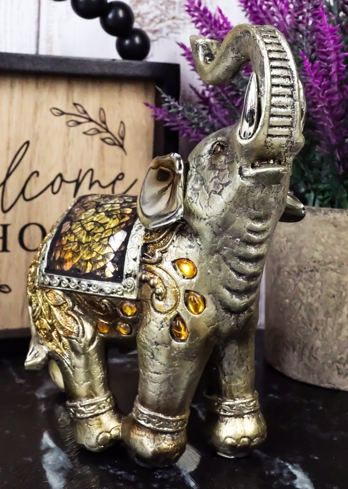 Ebros Bejeweled Mosaic Right Facing Feng Shui Elephant With Trunk Up Statue 6"H