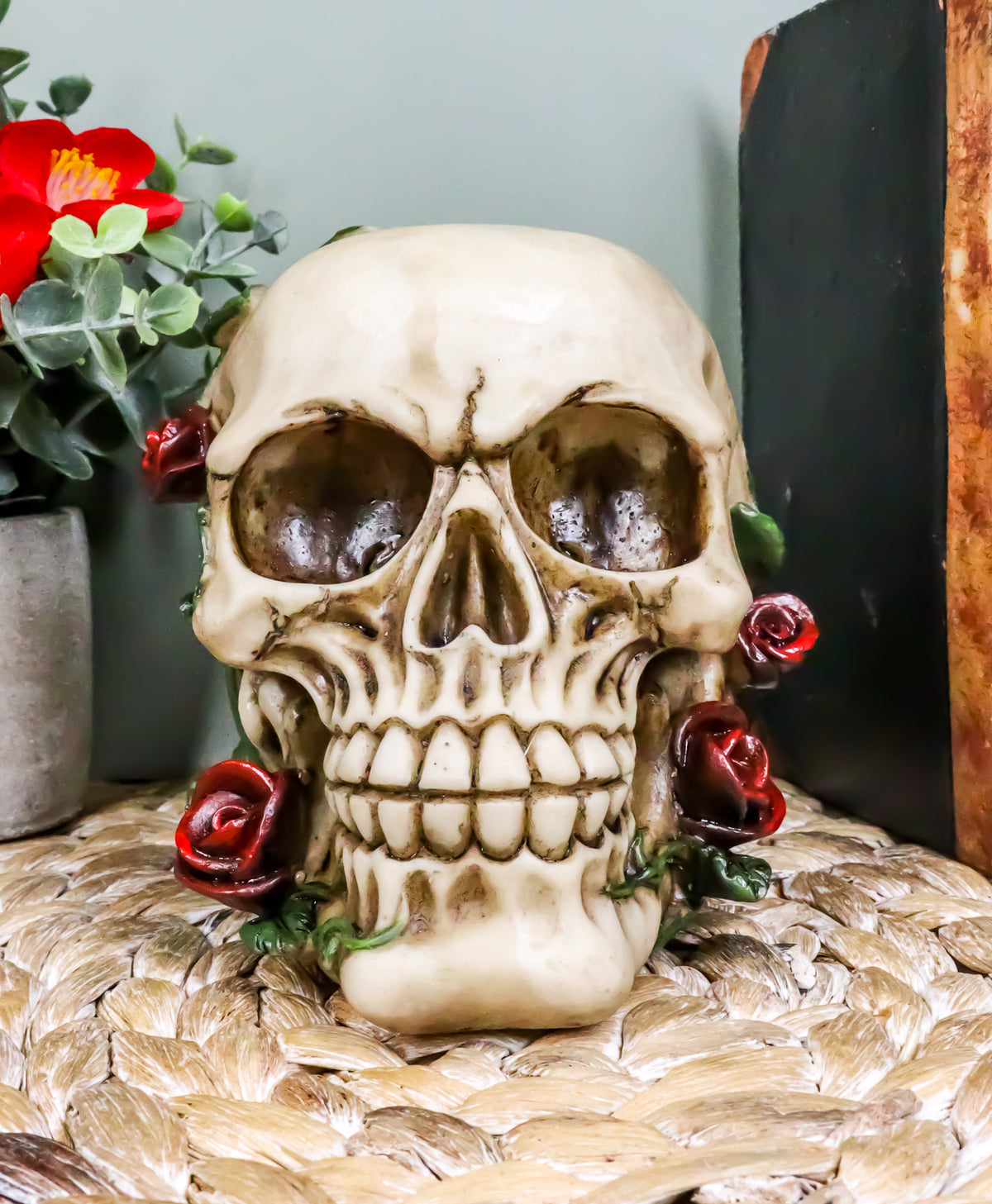 Day of The Dead Red Rose Vine Skull Figurine DOD Floral Sugar Skull Decor 6"L - Ebros Gift