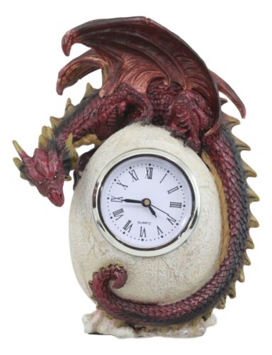 Red Ember Dragon Protecting Egg Table Clock Figurine 7"Tall Mythical Fantasy