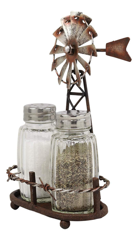 Ebros 6.5"H Rustic Country Farm Windmill Outpost Salt And Pepper Shakers Set - Ebros Gift