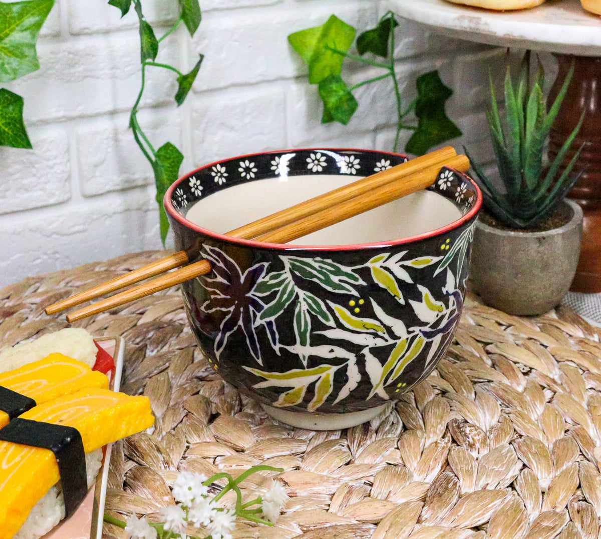 Ebros Pack Of 2 Night Willow Floral Bamboo Ramen Noodles Soup Bowl With Chopsticks Set