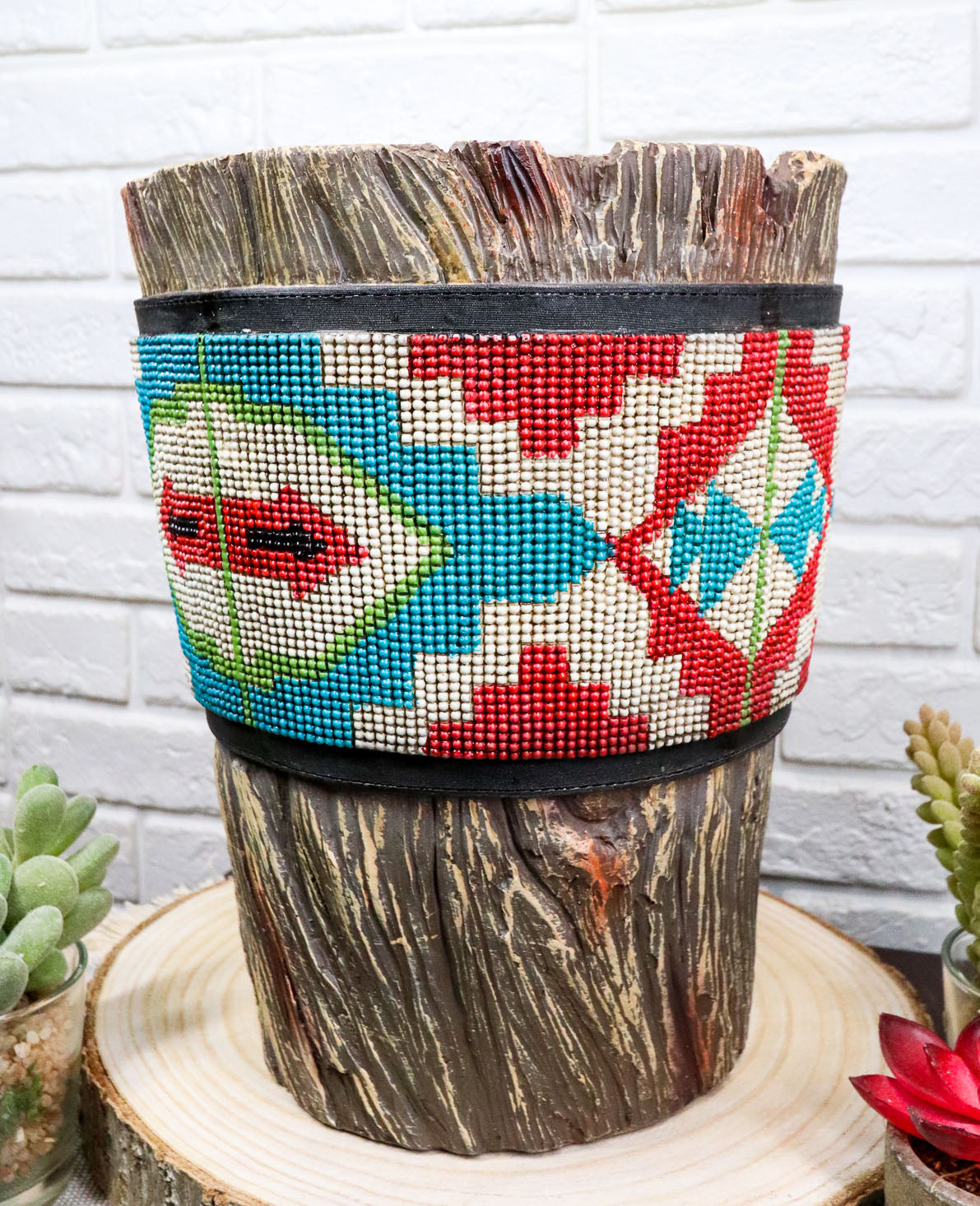 Rustic Western Turquoise Aztec Vector Pattern Faux Wood Waste Basket Trash Bin - Ebros Gift