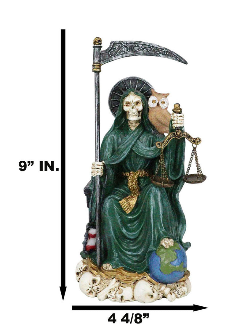 Seated Green Santa Muerte With Scythe Scales of Justice And Wise Owl Figurine 9"