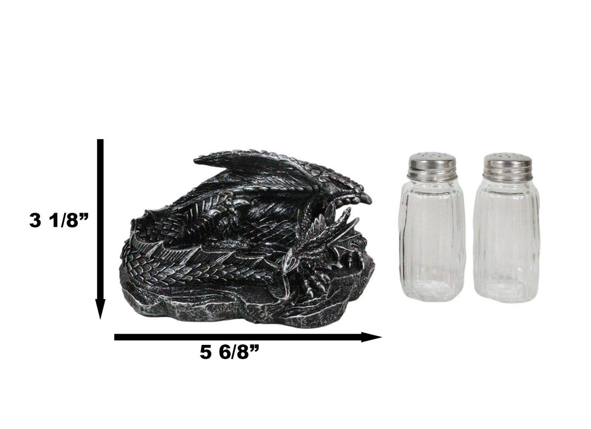 Sleeping Dragon Glass Salt and Pepper Shaker Set with Decorative Holder Display - Ebros Gift