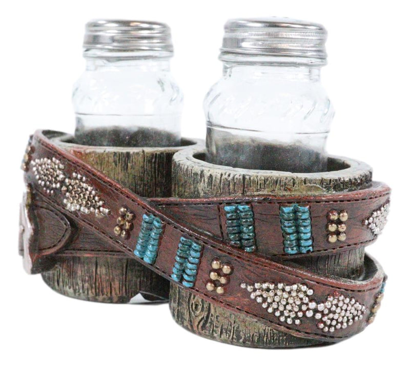 Rustic Western Cowboy Faux Leather Belt On Wood Salt Pepper Shakers Holder