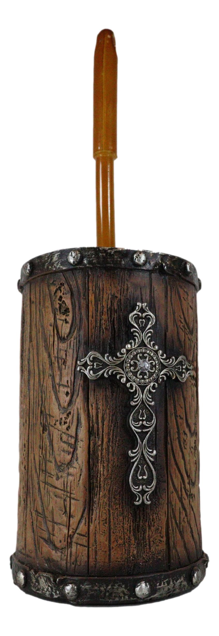 Country Rustic Western Silver Scroll Cross Faux Wood Toilet Brush And Holder Set