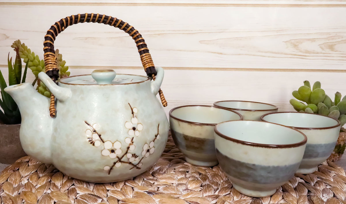 Ebros Japanese Sakura Pastel Blue Plum Cherry Blossom Porcelain Tea Pot And 4 Cups Set