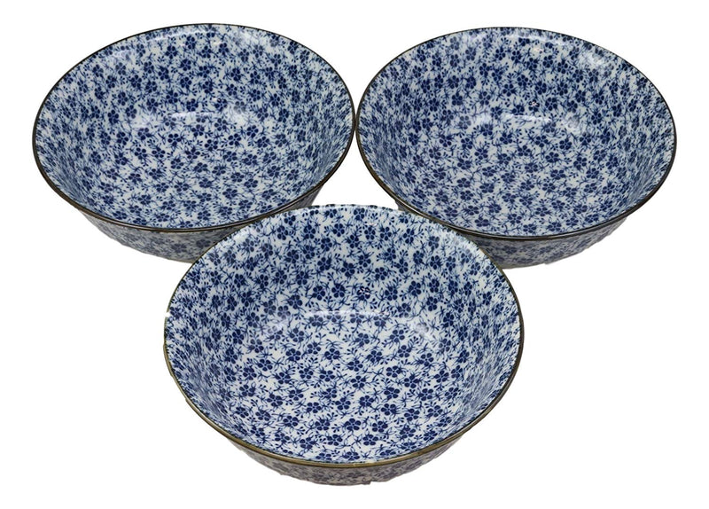 Ebros Gift Blue And White Ming Style Floral Petals Ceramic Bowls Pack Of 3 Ramen Pho Soup Bowl Set 32oz 8"Diameter Made In Japan