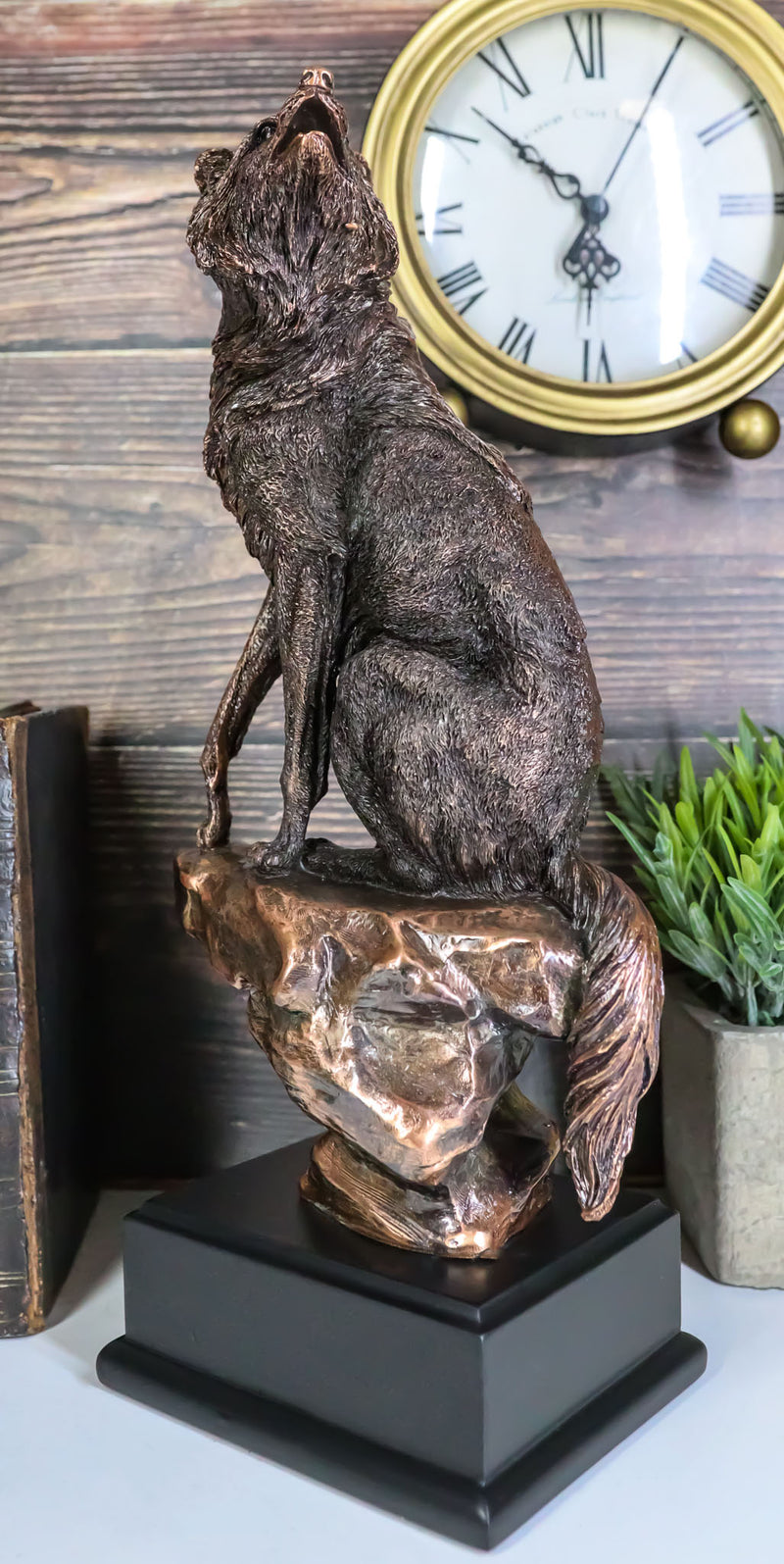 Rustic Moon Howling Alpha Wolf Sitting On Rocky Cliff Figurine With Trophy Base