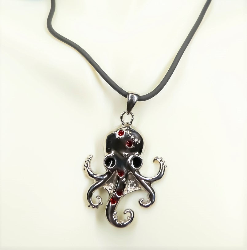 Ebros Red Rhinestone Steampunk Kraken Stainless Steel Necklace Pendant Jewelry