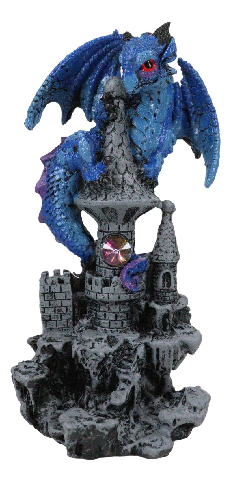 Small Blue Guardian Dragon Protecting Rhinestone Rock Crystal Castle Figurine