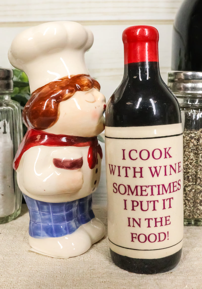 Italian Drunk Chef Kissing Wine Bottle Ceramic Salt Pepper Shakers Figurine Set