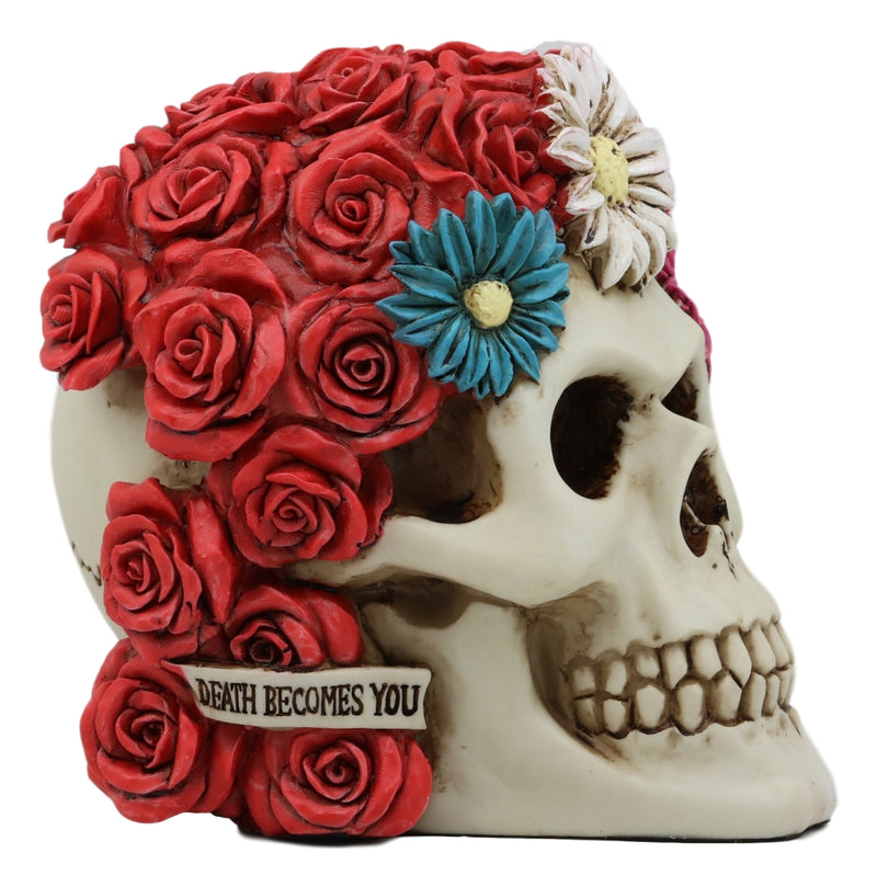 Ebros Colorful Floral Day of The Dead Sugar Skull with Red Roses Hair Adornment Statue 5.5" Long Colorful Resin Figurine Skeleton Cranium Dia De Muertos Calacas De DAMA As Gothic Decor Sculpture