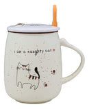 Ebros Whimsical Naughty Calico Kitty Cat Porcelain Coffee Tea Mug Drink Cup With Paw Handle Spoon And Hello Greeting Paw Print Lid 16oz Kittens Or Cats Mugs For Kids and Adults