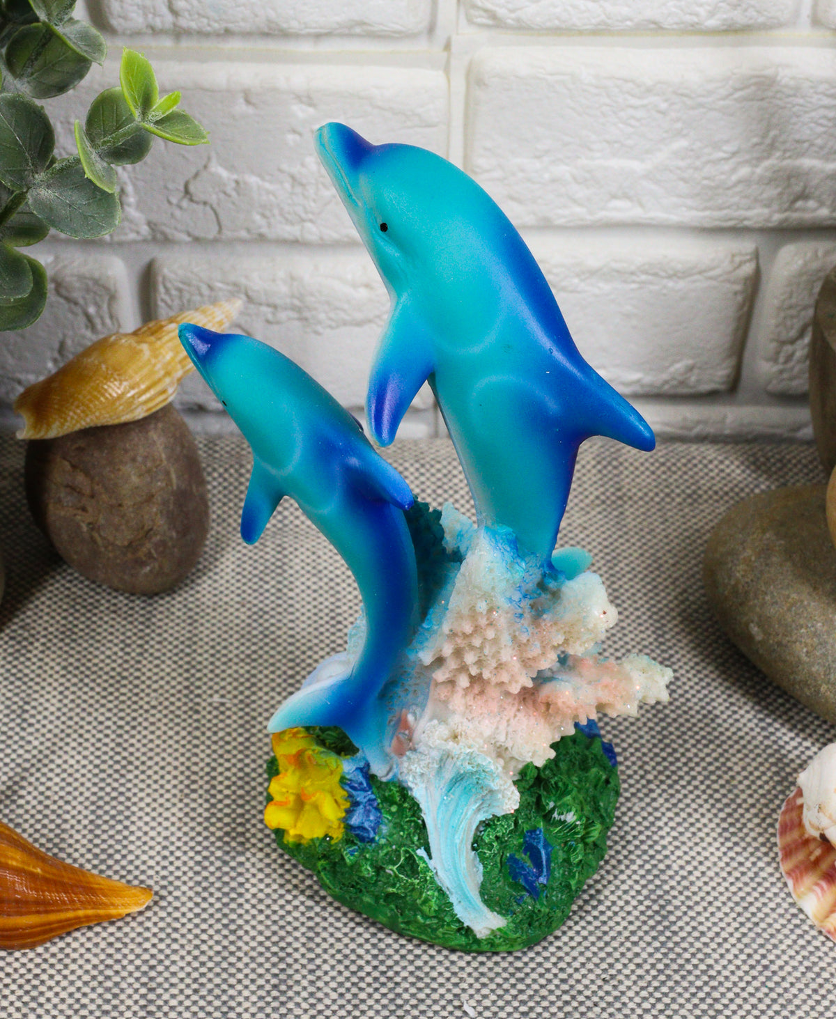 Sea World Nautical Two Bottlenose Dolphins Swimming By Coral Reefs Statue 5.5"H - Ebros Gift