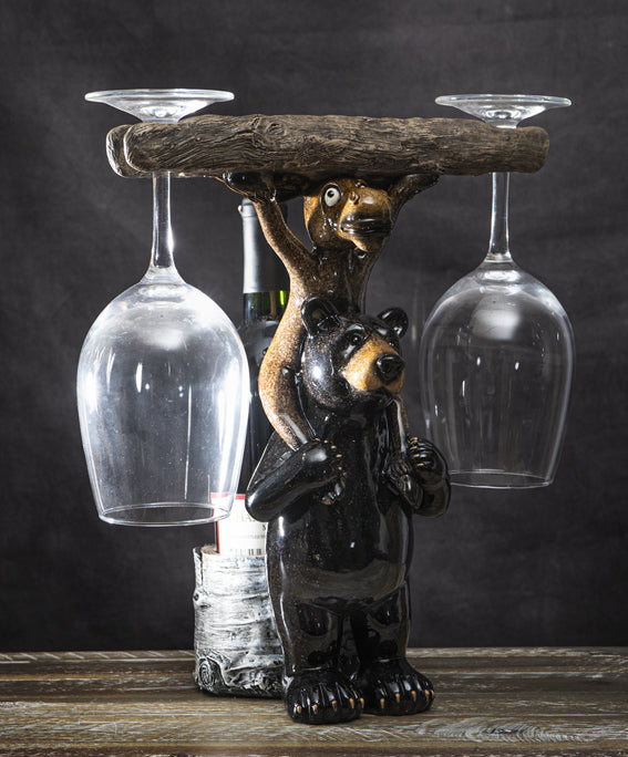 Rustic Western Black Bear And Moose With Log Wine Glasses And Bottle Holder