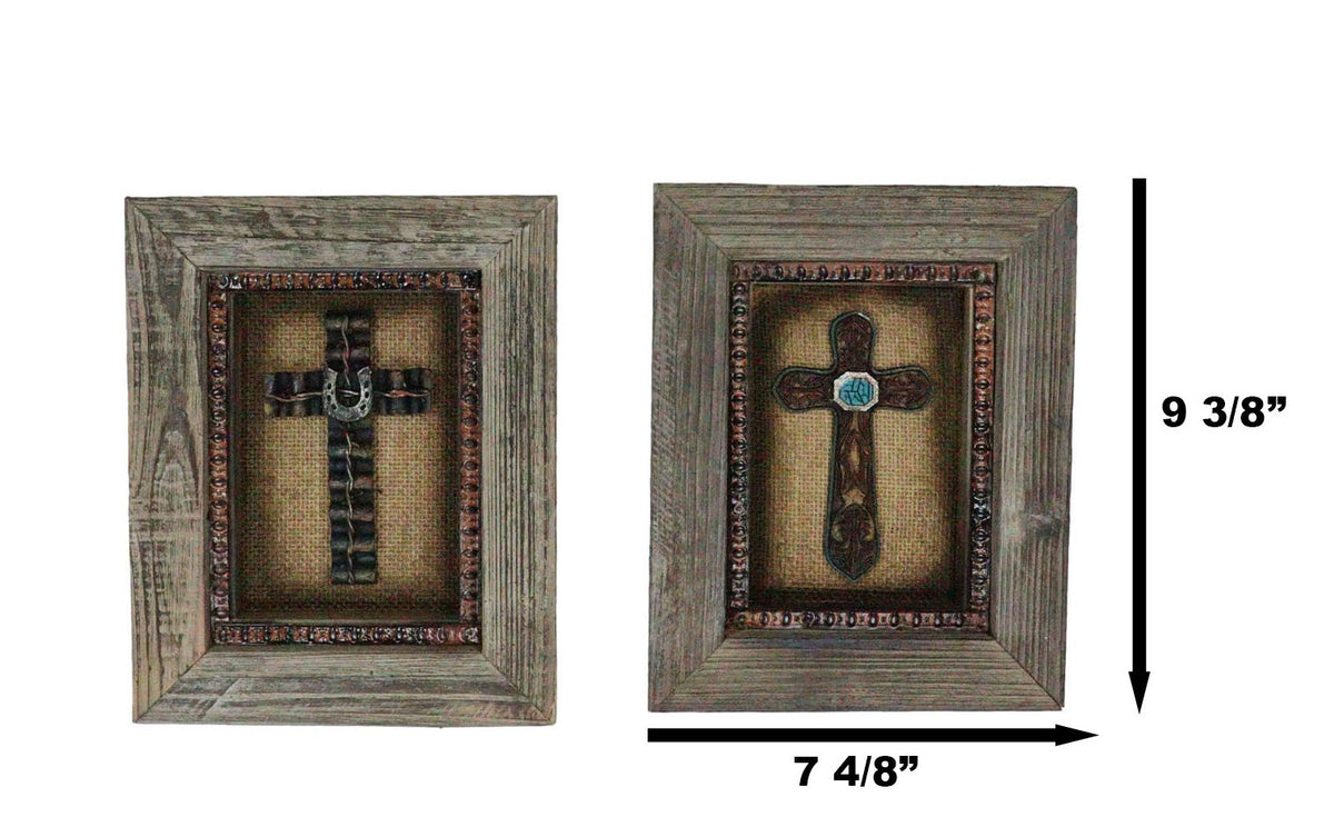 Pack of 2 Rustic Western Turquoise Gems Horseshoe Cross Wood Framed Wall Decors