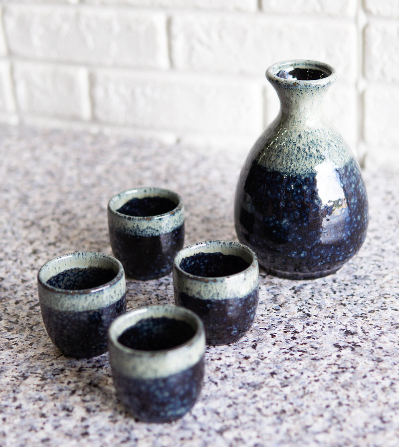 Japanese Sake Set Flask With Four Cups 10oz Grey Sky Art Glazed Earthenware