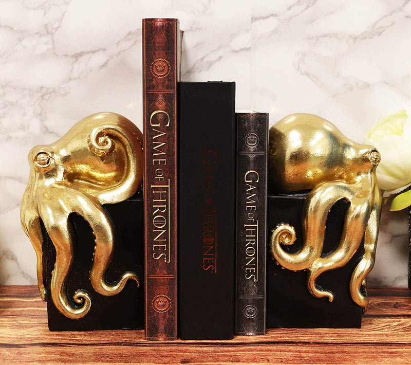 Ebros Contemporary Gold Color Octopus Bookends Statue Set With Black Base