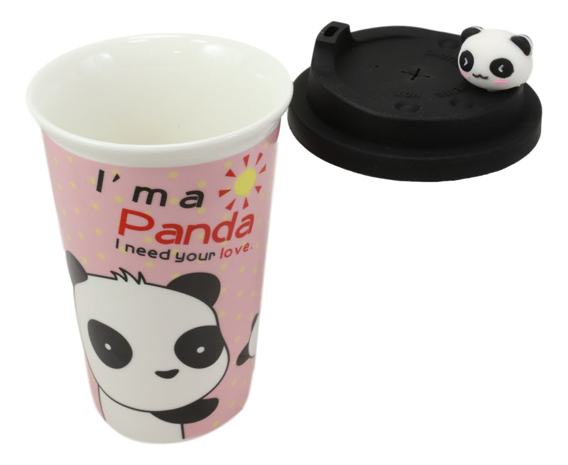 Pink Polkadots Heart 2 Giant Panda Bear Lovers Ceramic Mug With Silicone Lid