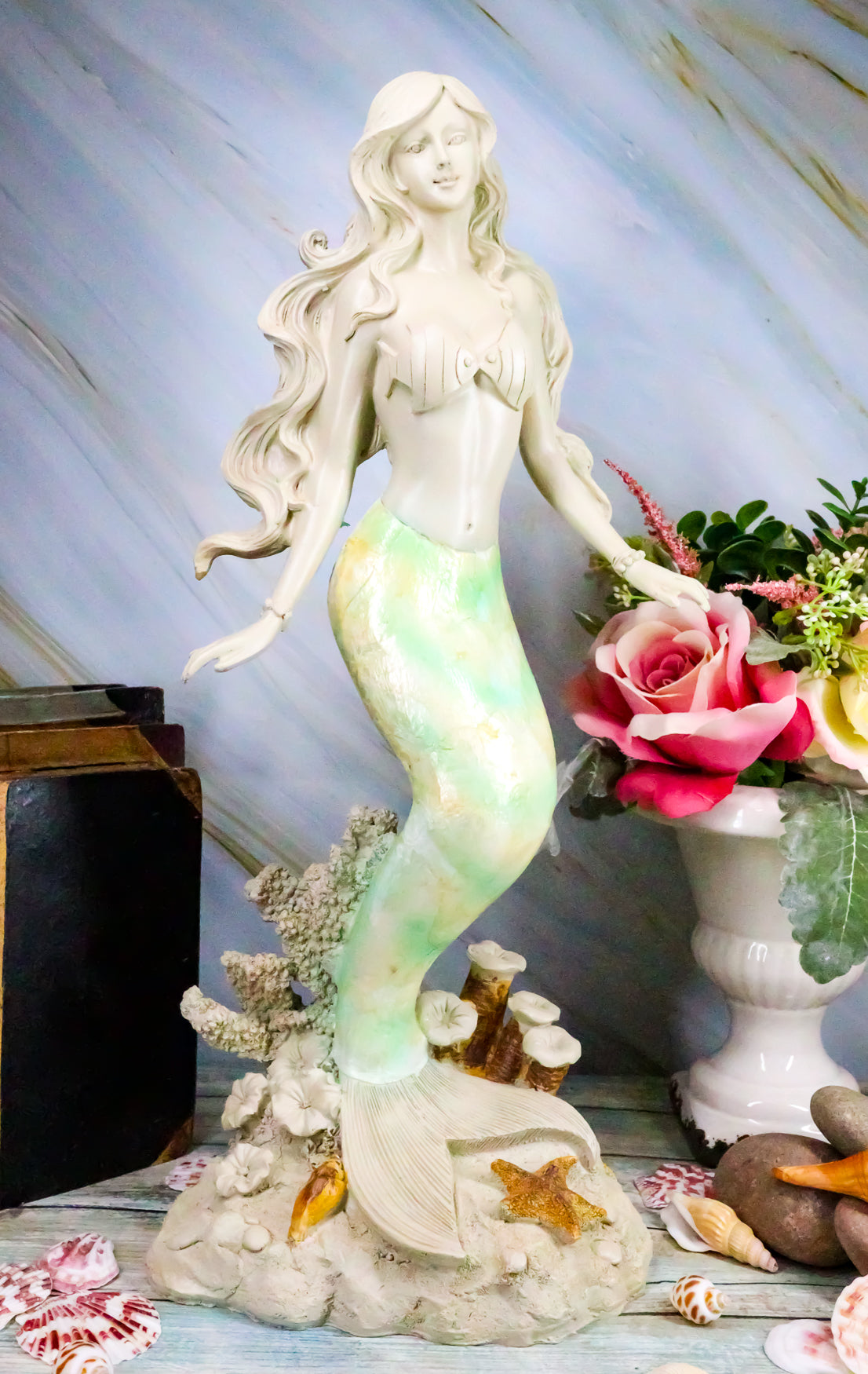 Ebros Ocean Turquoise Mermaid Sitting On Starfish Coral Bed Rock Figurine 18"H