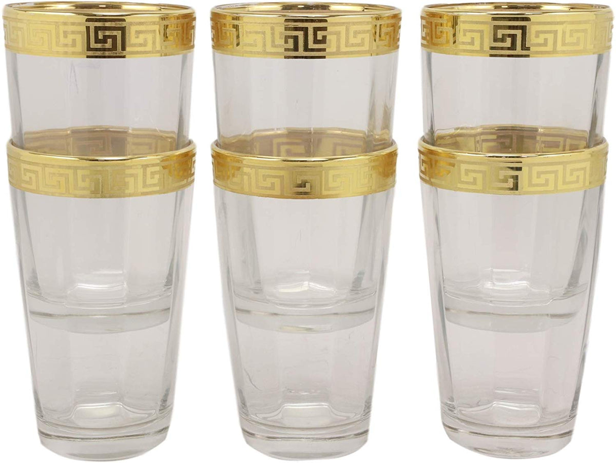 Ebros Italian Import Gold Accent Greek Fret Key Rim 16oz Highball Glass Set of 6